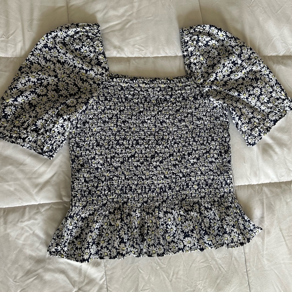 J. Crew Navy Floral Smocked Blouse